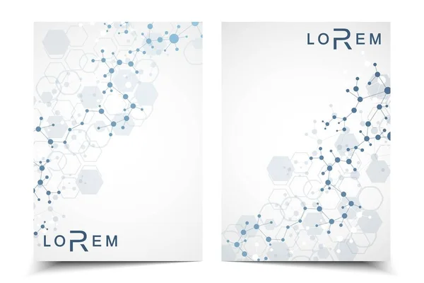 Modelo de diseño de folleto científico. Diseño de volante vectorial, estructura molecular con líneas y puntos conectados. Patrón científico DNA átomo con elementos para revista, folleto, portada, diseño de póster. — Archivo Imágenes Vectoriales