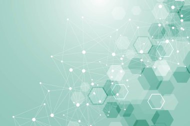 Bilimsel altıgen kalıbın modern fütüristik arka planı. Parçacık, tıbbi, teknoloji, kimya ve bilim için molekül yapısına sahip sanal soyut bir arka plan. Sosyal ağ vektörü