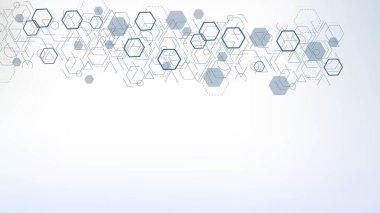 Bilim ağı şablonu, noktaları ve çizgileri birleştiriyor. Teknoloji altıgenlerin yapısı veya moleküler bağlantı elementleri.