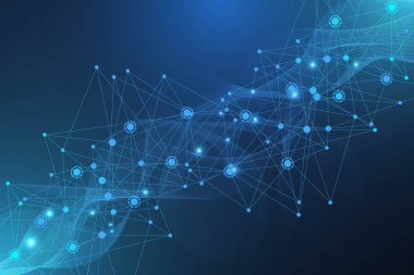 Bağlı çizgi ve noktalarla Geometrik soyut arkaplan. Yapı molekülü ve iletişim. Büyük Veri Görselleştirme. Tıp, teknoloji, bilim geçmişi. Vektör illüstrasyonu.