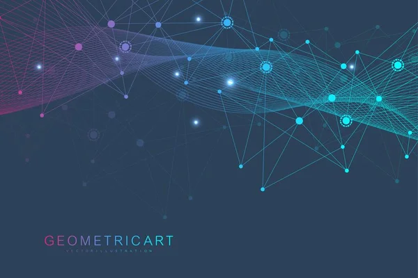 Latar belakang abstrak geometris dengan garis dan titik yang terhubung. Struktur molekul dan komunikasi. Visualisasi Data Besar. Medis, teknologi, latar belakang sains. Ilustrasi vektor. - Stok Vektor