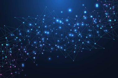 Bağlı çizgi ve noktalarla Geometrik soyut arkaplan. Yapı molekülü ve iletişim. Büyük Veri Görselleştirme. Tıp, teknoloji, bilim geçmişi. Vektör illüstrasyonu.