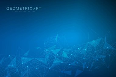 Bağlı çizgi ve noktalarla Geometrik soyut arkaplan. Yapı molekülü ve iletişim. Büyük Veri Görselleştirme. Tıp, teknoloji, bilim geçmişi. Vektör illüstrasyonu.