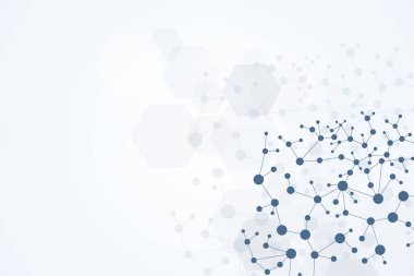 Yapı molekülü ve iletişim. DNA, atom, nöronlar. Tasarımınız için bilimsel bir kavram. Noktalarla birleştirilmiş çizgiler. Tıp, teknoloji, kimya, bilim geçmişi. Vektör illüstrasyonu