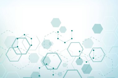 Bilim ağı şablonu, noktaları ve çizgileri birleştiriyor. Teknoloji altıgenlerin yapısı veya moleküler bağlantı elementleri