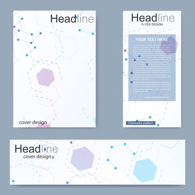 Broşür, A4 şablonu, afiş ayarla. Birbirine bağlı çizgiler ve noktalar olan moleküler yapı. Dergi, broşür, kapak, poster tasarımı için elementleri olan bilimsel desenli atom DNA 'sı.