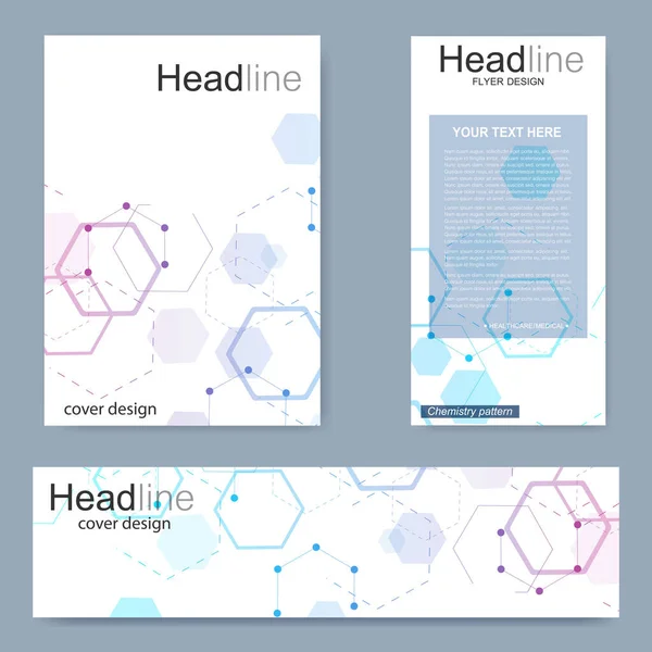 Set flyer, brochure size A4 template,banner. Molecular structure with connected lines and dots. Scientific pattern atom DNA with elements for magazine, leaflet, cover, poster design. — Stock Vector
