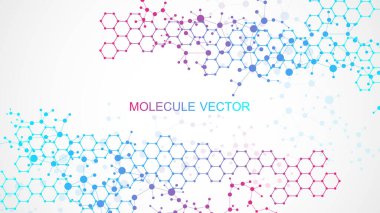 Yapı molekülü ve iletişim. DNA, atom, nöronlar. Tasarımınız için bilimsel bir kavram. Noktalarla birleştirilmiş çizgiler. Tıp, teknoloji, kimya, bilim geçmişi. Vektör illüstrasyonu