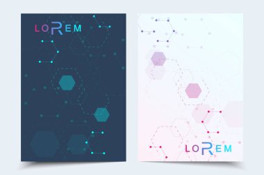 Broşür dergisi broşürleri için vektör şablonları yıllık broşür kapağı raporu. Parçacık, tıp, teknoloji, kimya, bilim için molekül yapısı ile modern fütürist altıgen desen