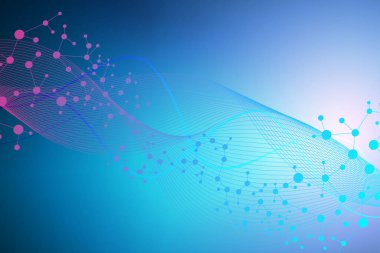 Yapı molekülü ve iletişim. DNA, atom, nöronlar. Tasarımınız için bilimsel bir kavram. Noktalarla birleştirilmiş çizgiler. Tıp, teknoloji, kimya, bilim geçmişi. Vektör illüstrasyonu