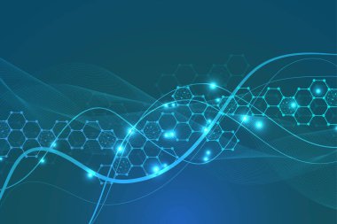 Yapı molekülü ve iletişim. DNA, atom, nöronlar. Tasarımınız için bilimsel bir kavram. Noktalarla birleştirilmiş çizgiler. Tıp, teknoloji, kimya, bilim geçmişi. Vektör illüstrasyonu.