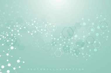 Bilimsel altıgen kalıbın modern fütüristik arka planı. Parçacık, tıbbi, teknoloji, kimya ve bilim için molekül yapısına sahip sanal soyut bir arka plan. Sosyal ağ vektörü