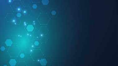 Çizgiler, noktalar ve altıgenli modern bilim geçmişi. Dalga akışı soyut arkaplan. Tıbbi, teknoloji, kimya ve bilim için moleküler yapı. Vektör illüstrasyonu.