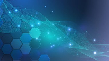 Çizgiler, noktalar ve altıgenli modern bilim geçmişi. Dalga akışı soyut arkaplan. Tıbbi, teknoloji, kimya ve bilim için moleküler yapı. Vektör illüstrasyonu.