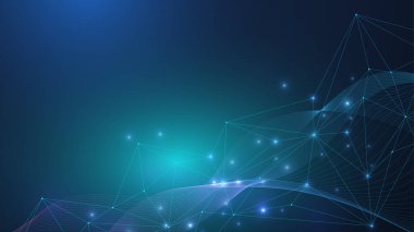 Genel ağ bağlantısı web sitesi başlığı veya başlık tasarımı. Noktaları ve çizgileri birleştiren soyut bir arkaplan. Küresel. Sosyal ağ iletişimi. İnternet teknolojisi. Vektör illüstrasyonu.