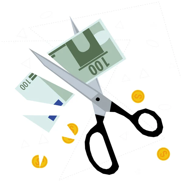 Ciseaux coupant de l'argent - concept de coupes budgétaires — Image vectorielle