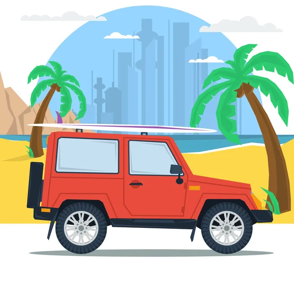 Estate jeep auto sulla spiaggia con palmo della mano — Vettoriale Stock