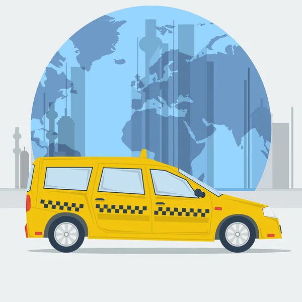 町の背景にベクトル図タクシー車 — ストックベクタ