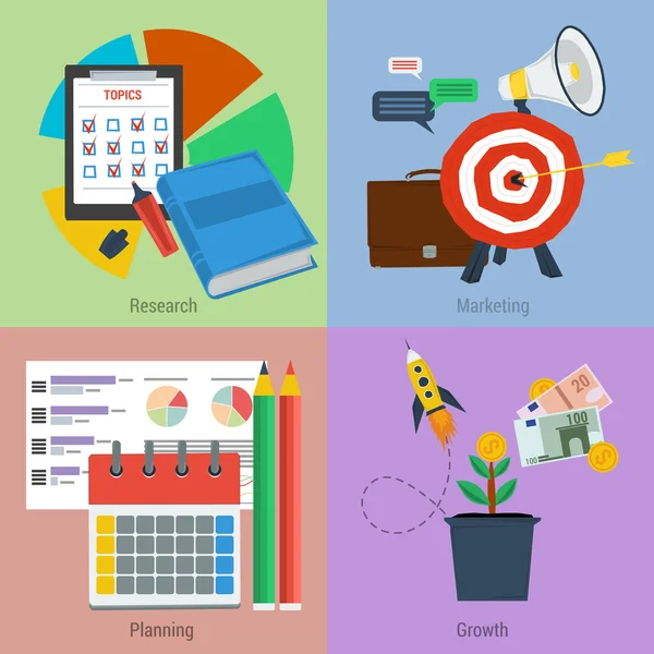 Quatre concepts d'entreprise recherche marketing planification — Image vectorielle