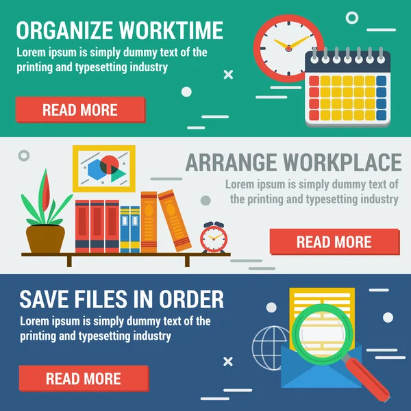 Tres pancartas horizontales ORGANIZAR EL TIEMPO DE TRABAJO — Vector de stock