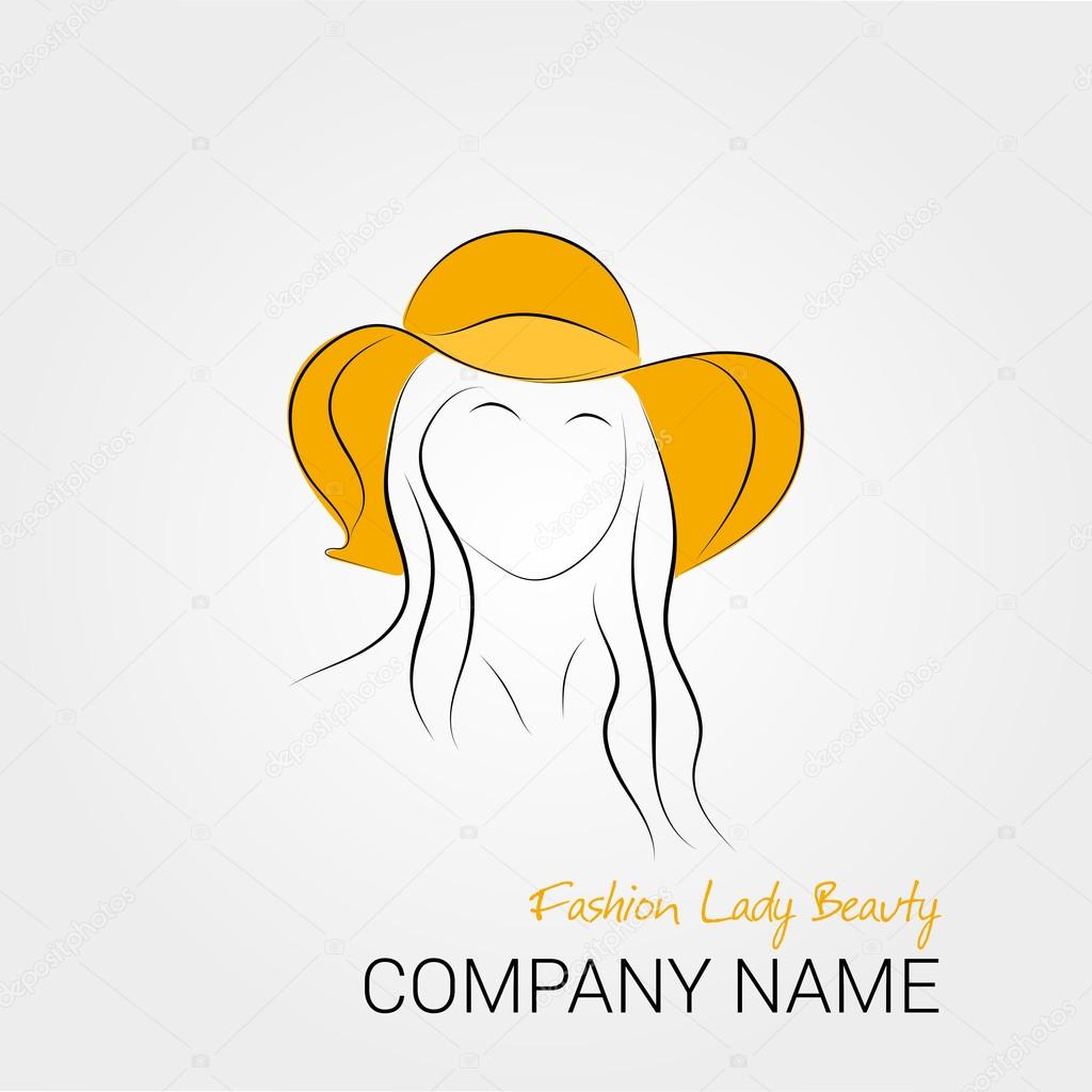 Vector illustration. Handdrawing. Silhouette woman in orange summer hat on isolated background. Banner or card template or logotype for company. Design for womans shop or salon