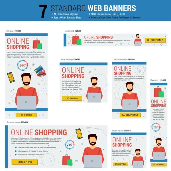 Sedm standardní velikost webových bannerů - Online nakupování — Stockový vektor