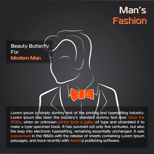 Hombre con corbata de lazo naranja en negro — Vector de stock