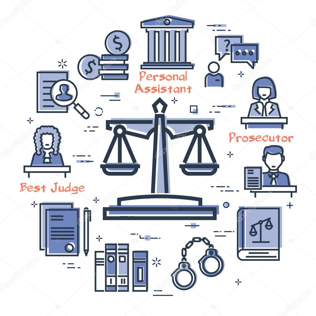 Vector line banner of legal proceedings - scales of justice icon