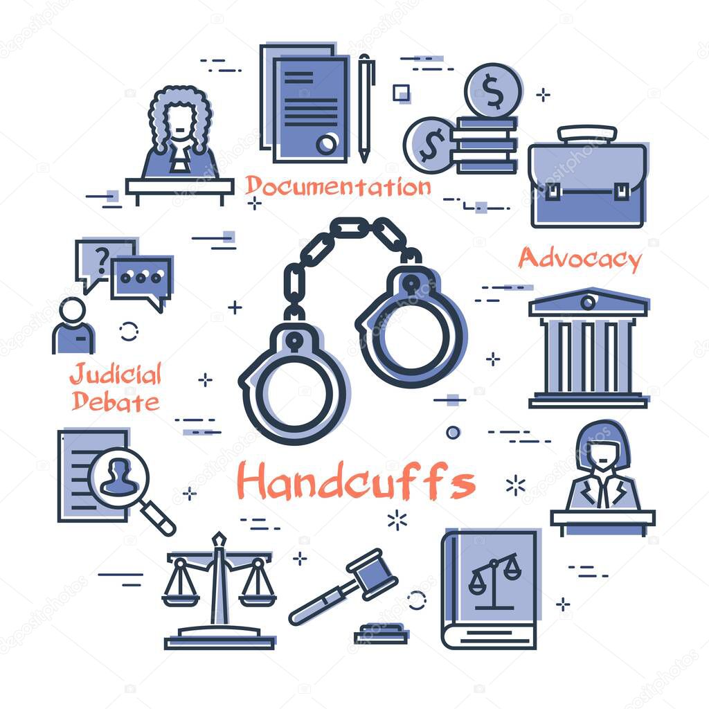 Vector line banner of legal proceedings - handcuffs icon