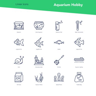 Vector banner set of linear icons, aquarium hobby clipart
