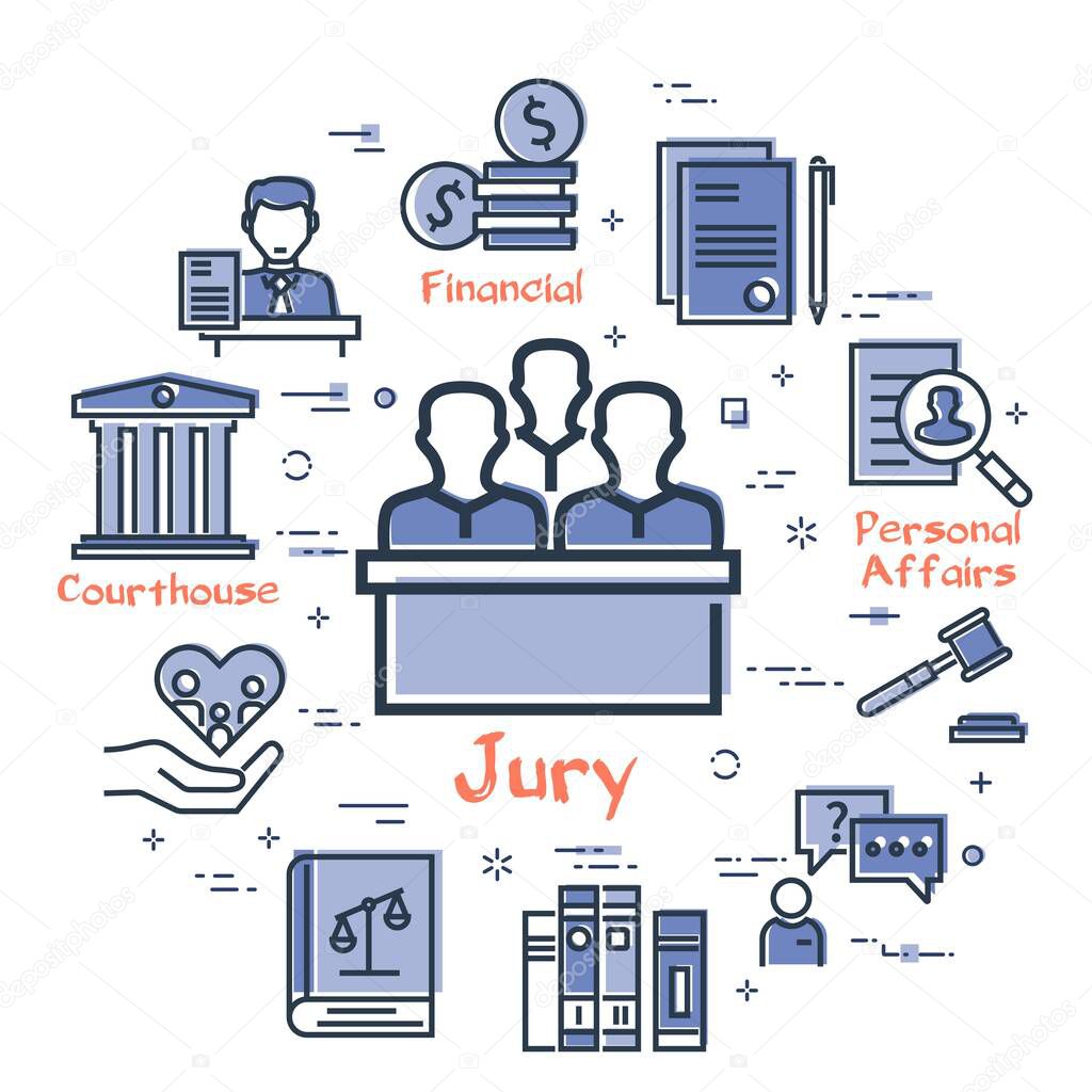 Vector line banner of legal proceedings - jury group icon
