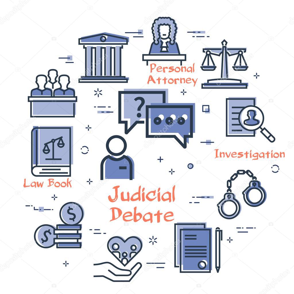Vector line banner of legal proceedings - judicial debate icon