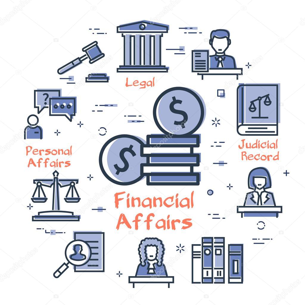 Vector line banner of legal proceedings - financial affairs icon