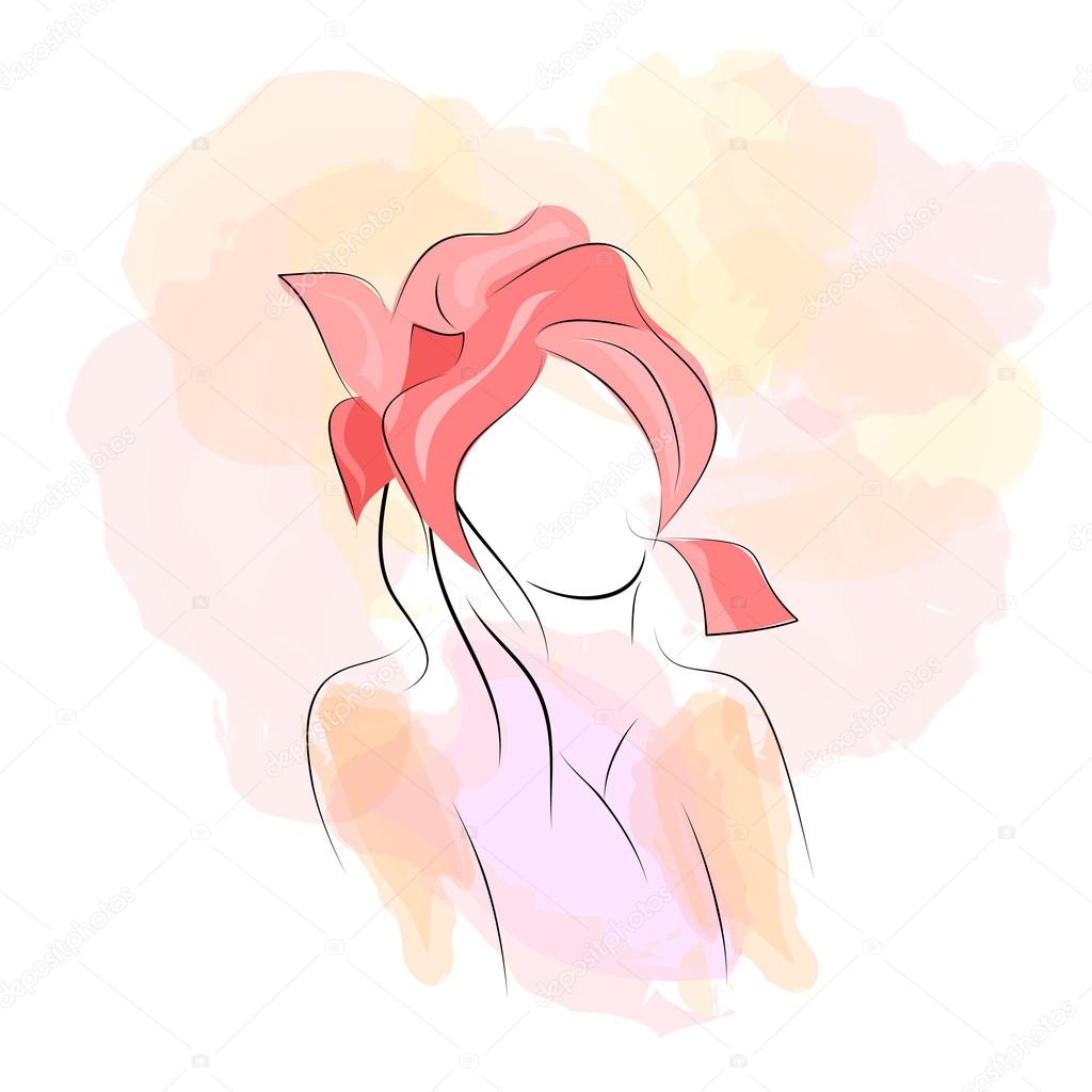 Vector illustration. Drawing. Silhouette woman in red turban with watercolor background