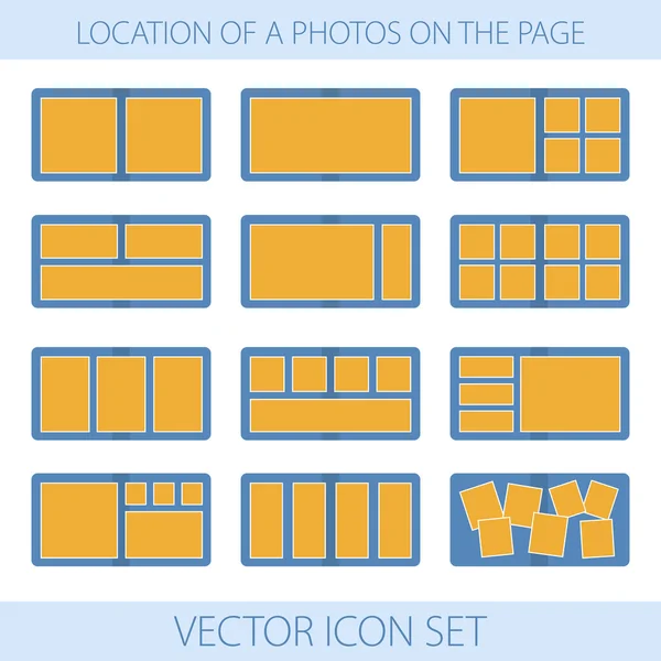 Icono conjunto de ubicación de una foto en el libro de fotos — Vector de stock