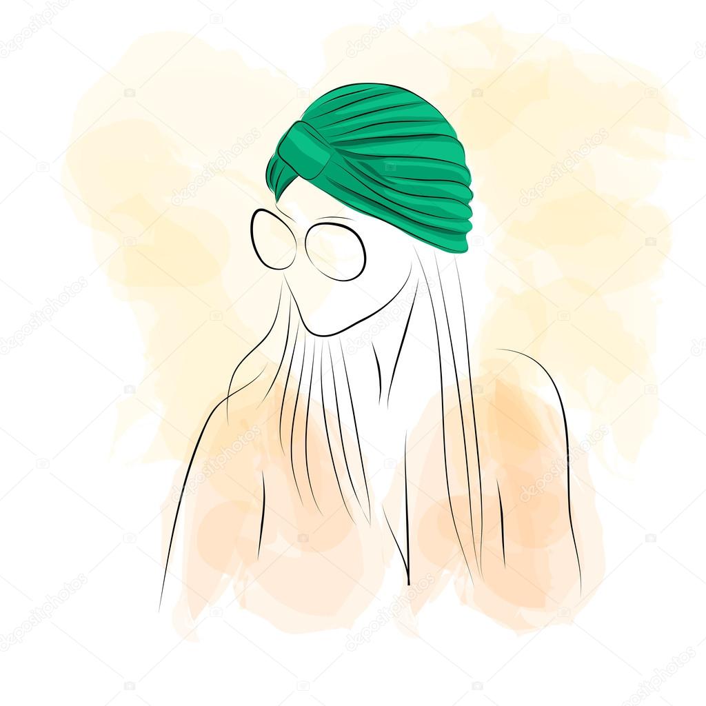 Vector illustration. Drawing.  Silhouette of a woman with glasses in green turban on watercolor background