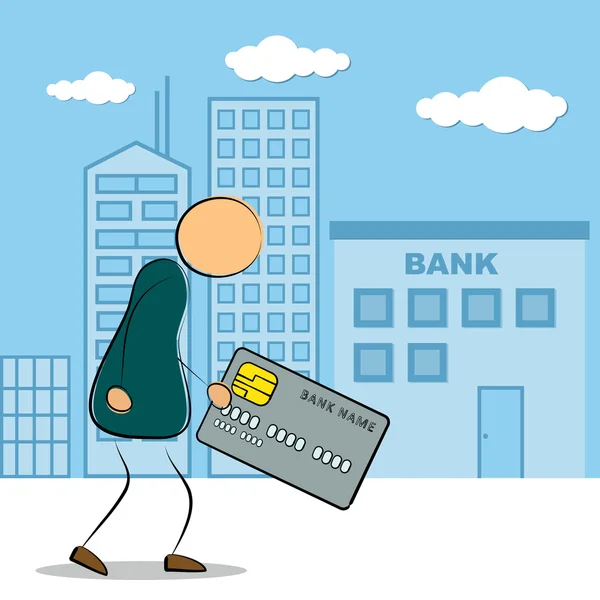 Homem vai ao prédio do banco com cartão de crédito — Vetor de Stock