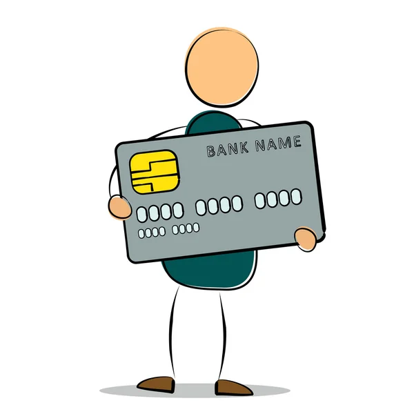 Drawing man standing holding his credit card — Stock Vector