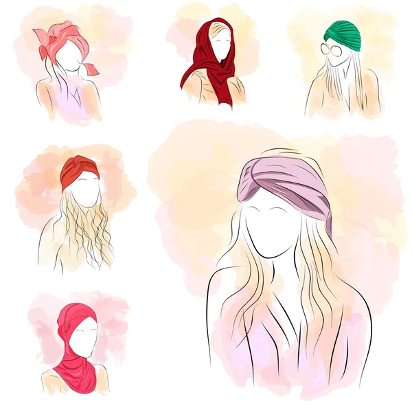 设置六个轮廓女人的头巾 — 图库矢量图片