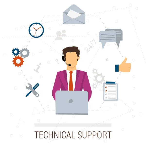 Technical support flat style. Woman and icons — Stock Vector