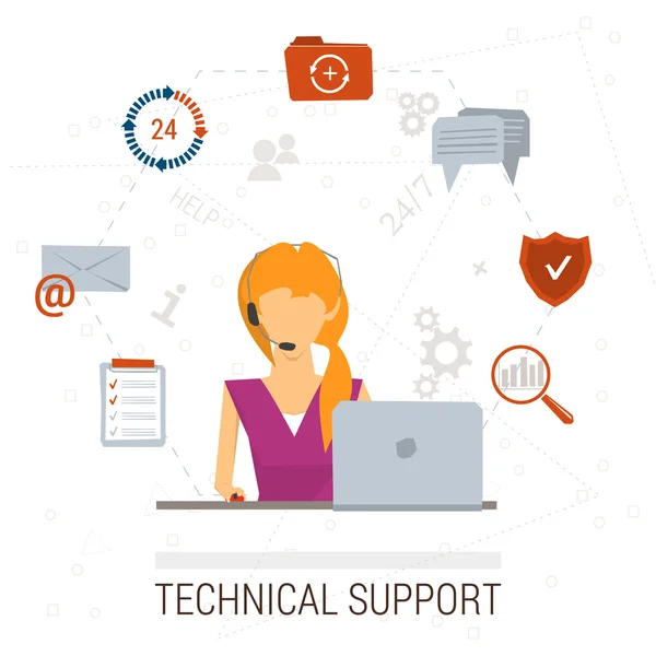 Teknik destek düz illüstrasyon. Adam ve simgeler