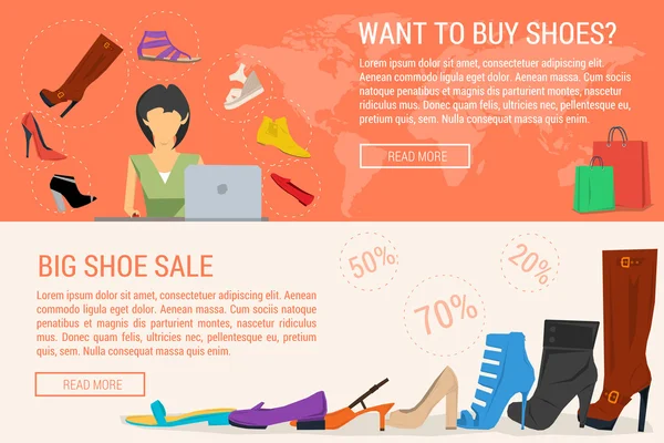 Twee banners online winkelen en vrouw schoen verkoop — Stockvector