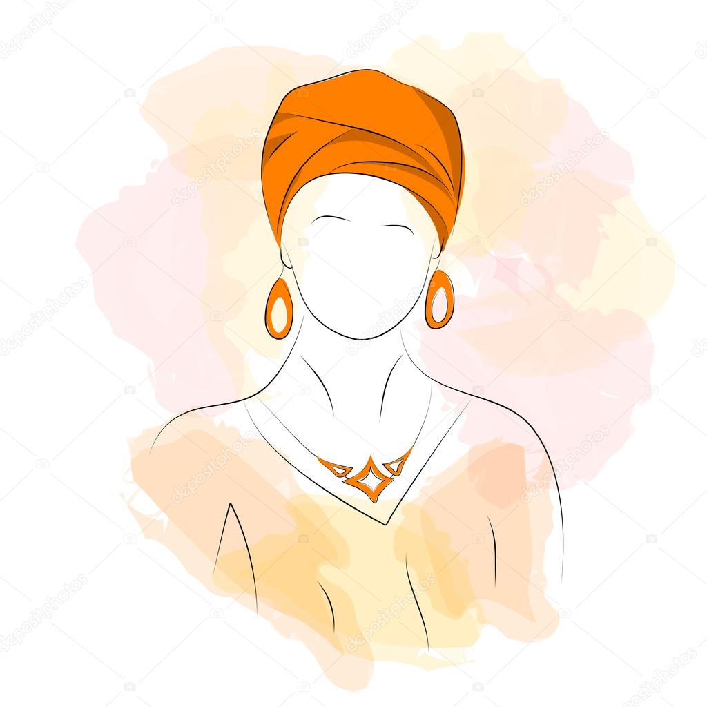 Vector illustration. Drawing. Silhouette woman in orange turban with watercolor background