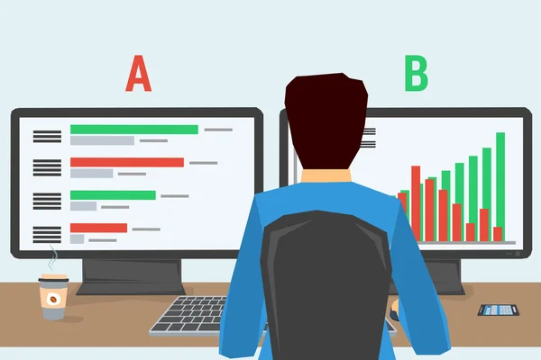 Hombre en el lugar de trabajo con dos monitores — Archivo Imágenes Vectoriales