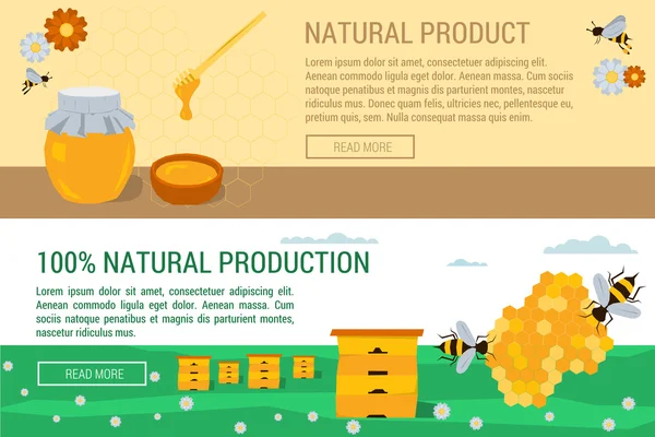 Bandeiras horizontais mel produção natural — Vetor de Stock