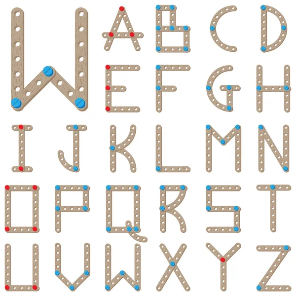 Alfabet łaciński składa się z drewnianych meccano — Wektor stockowy
