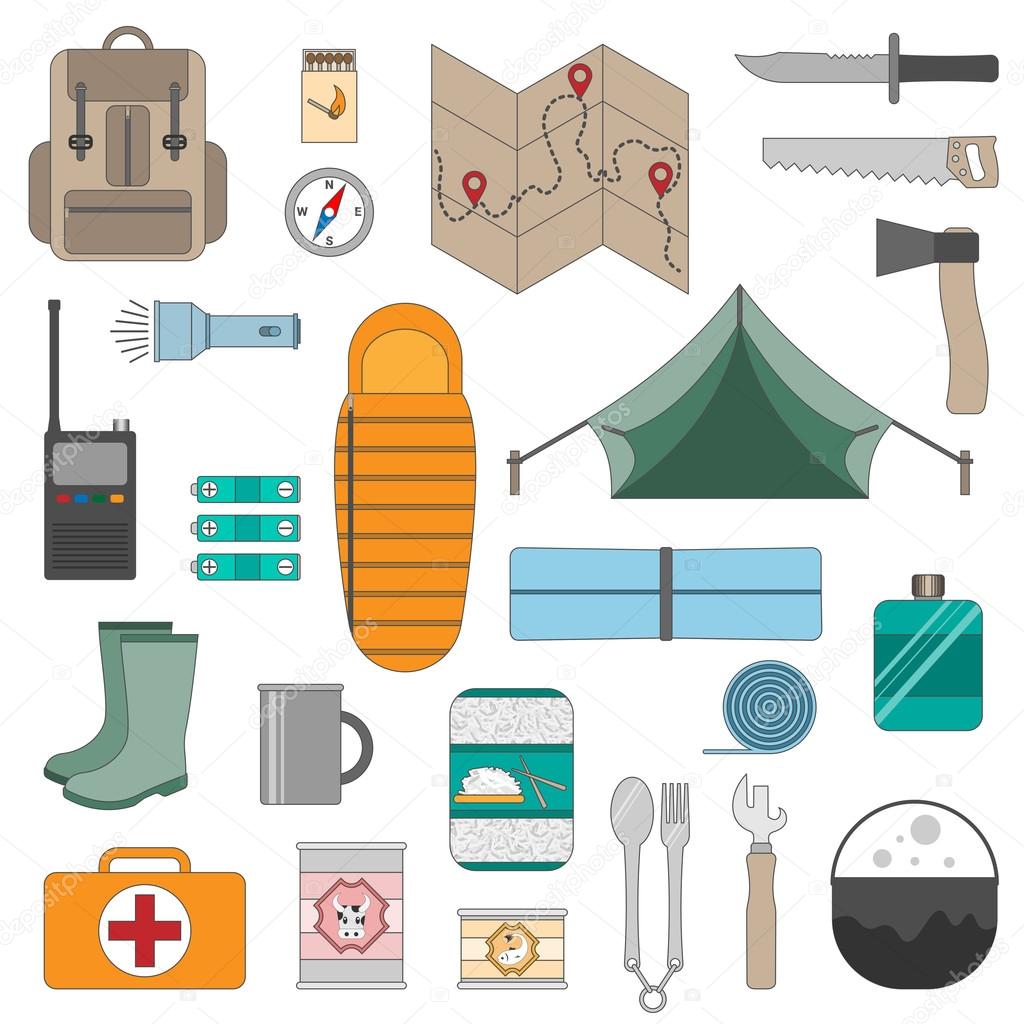 Camping equipment icons set
