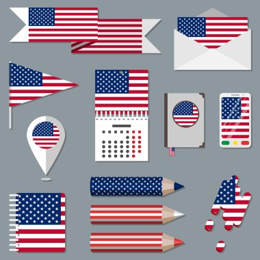 Bayrağı elemanları ile stationety simgeler kümesi. ABD
