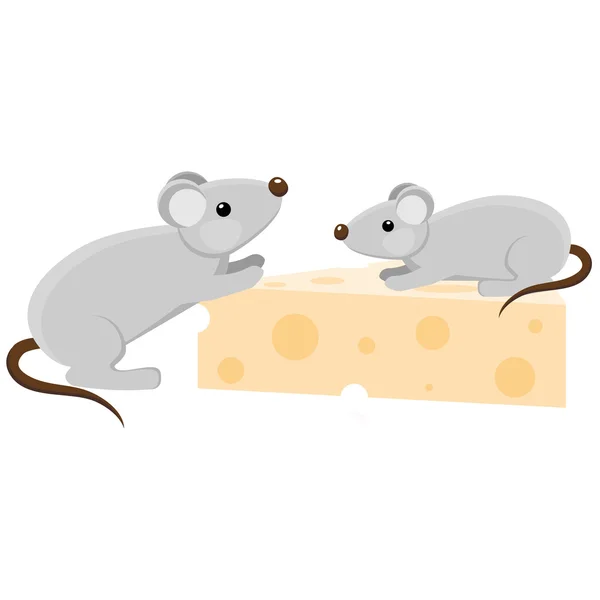 Deux souris de dessin animé avec un morceau de fromage — Image vectorielle