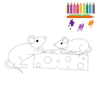 Boyama sayfası. Fareler bir parça peynir ile